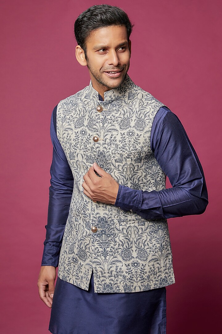 Beige Cotton Printed Bundi Jacket With Kurta Set by Spring Break Men at Pernia's Pop Up Shop
