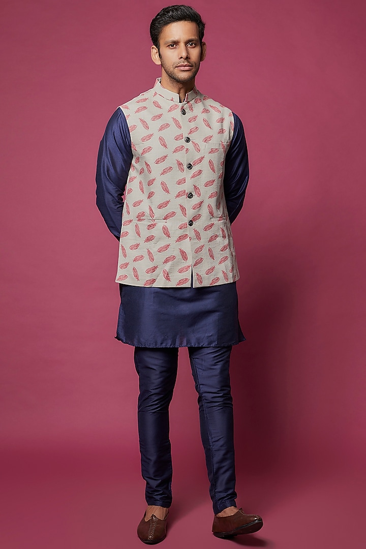 Beige Cotton Printed Bundi Jacket With Kurta Set by SPRING BREAK