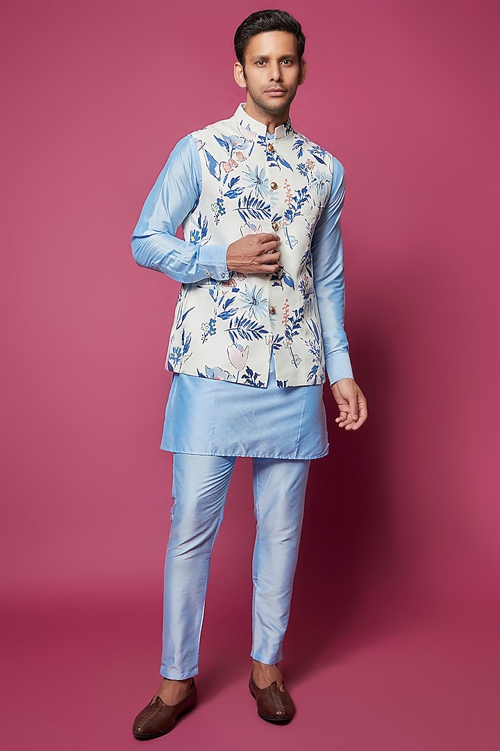 Off-White Cotton Floral Printed Bundi Set by Spring Break Men