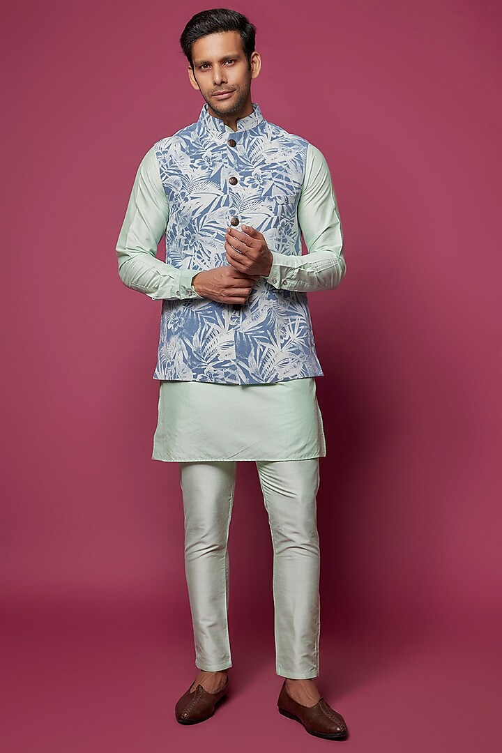 Blue Denim Printed Bundi Set by Spring Break Men