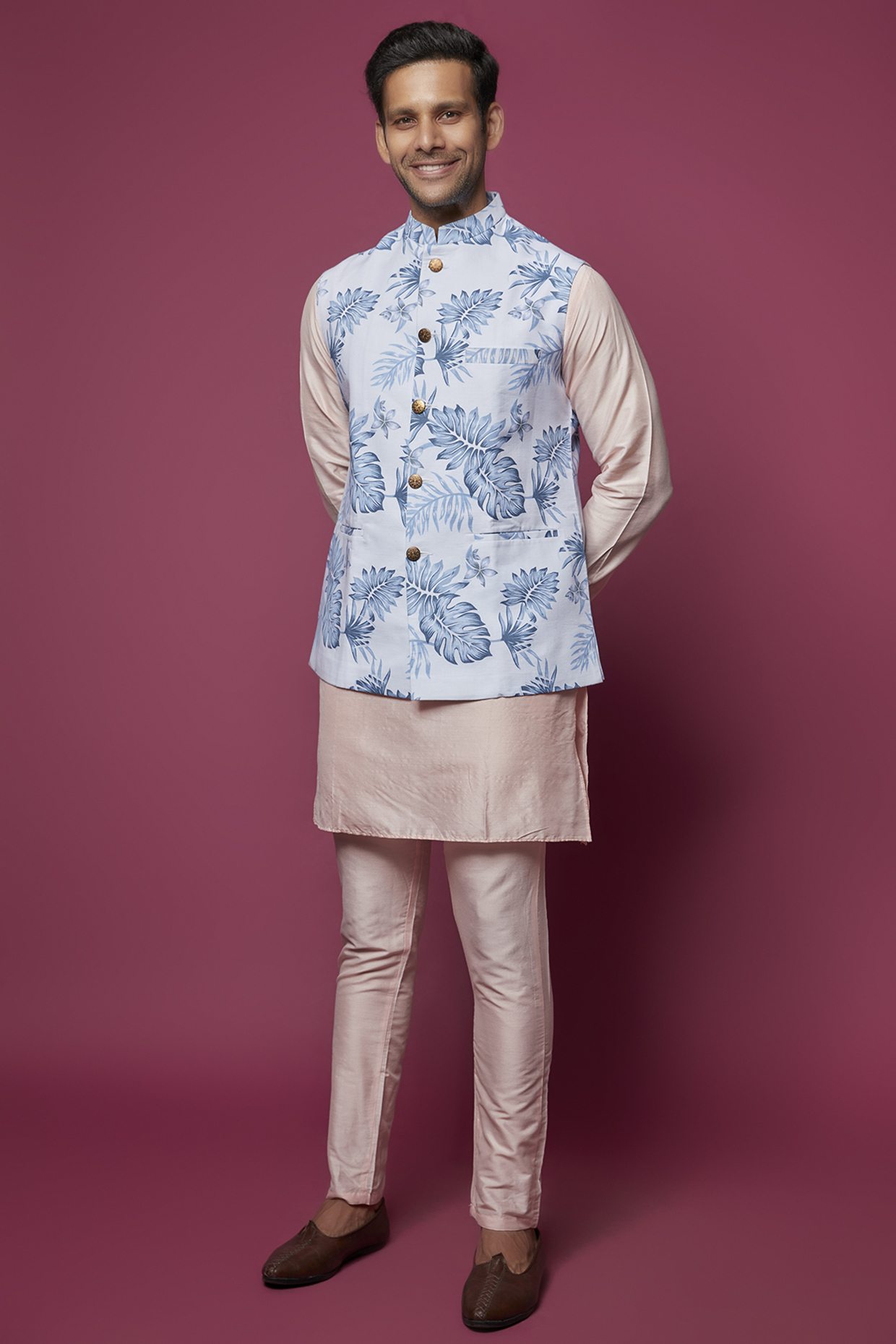 Blue Cotton Floral Printed Bundi Set by Spring Break Men