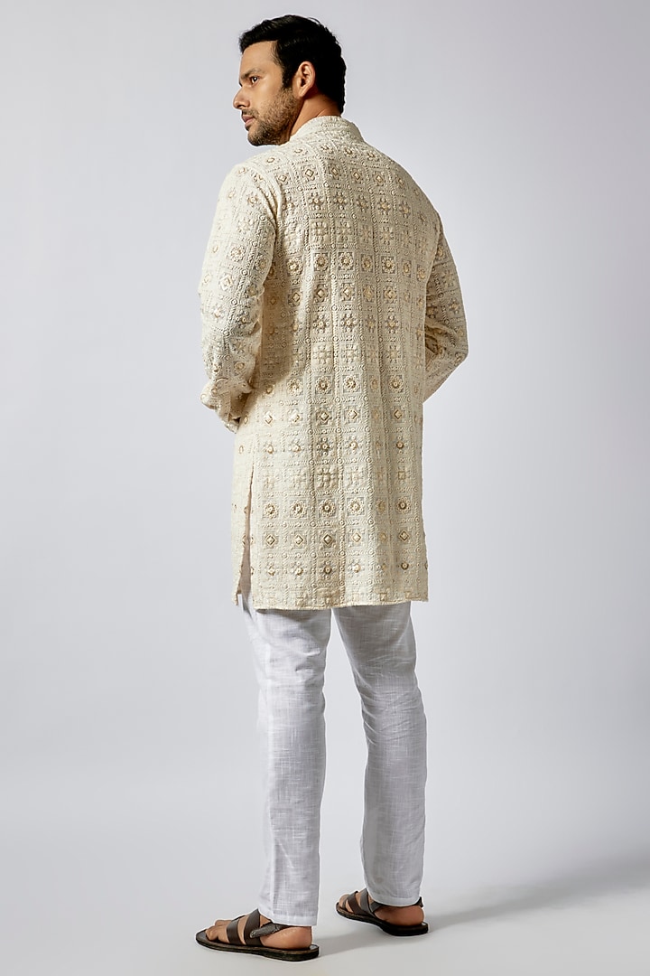 Cream Dupion Silk Lucknowi Embroidered Kurta Set by Spring Break Men at Pernia's Pop Up Shop