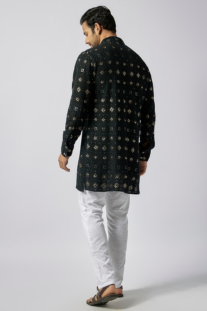 Black Dupion Silk Lucknowi Embroidered Kurta Set by Spring Break Men at Pernia's Pop Up Shop
