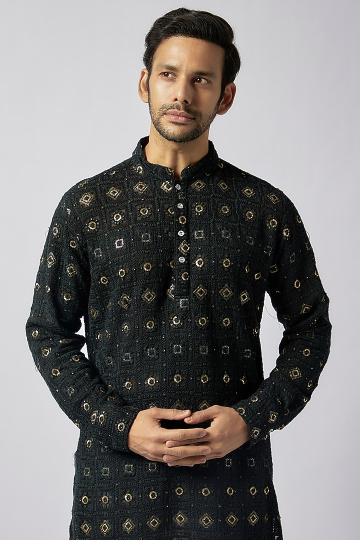 Black Dupion Silk Lucknowi Embroidered Kurta Set by Spring Break Men at Pernia's Pop Up Shop