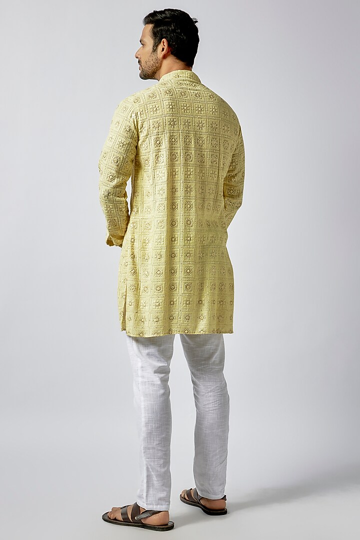 Yellow Dupion Silk Embroidered Kurta Set by Spring Break Men at Pernia's Pop Up Shop