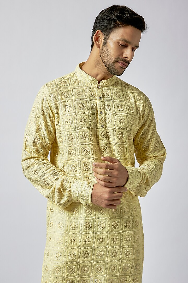 Yellow Dupion Silk Embroidered Kurta Set by Spring Break Men at Pernia's Pop Up Shop
