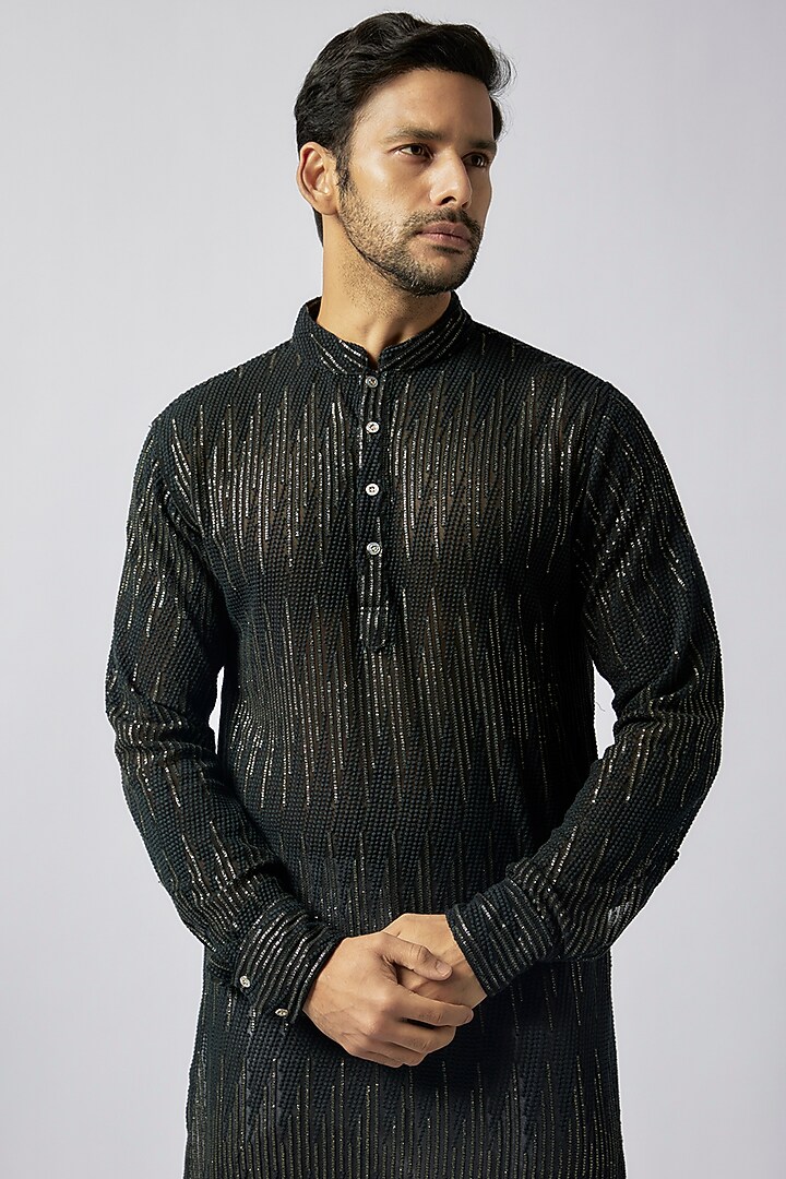 Black Viscose Sequins Embroidered Kurta Set by Spring Break Men at Pernia's Pop Up Shop