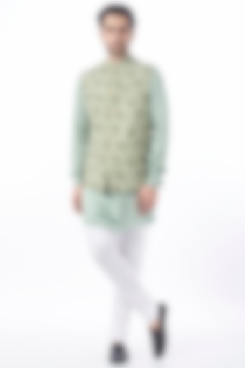 Mint Floral Printed Bundi Jacket With Kurta Set by Spring Break Men