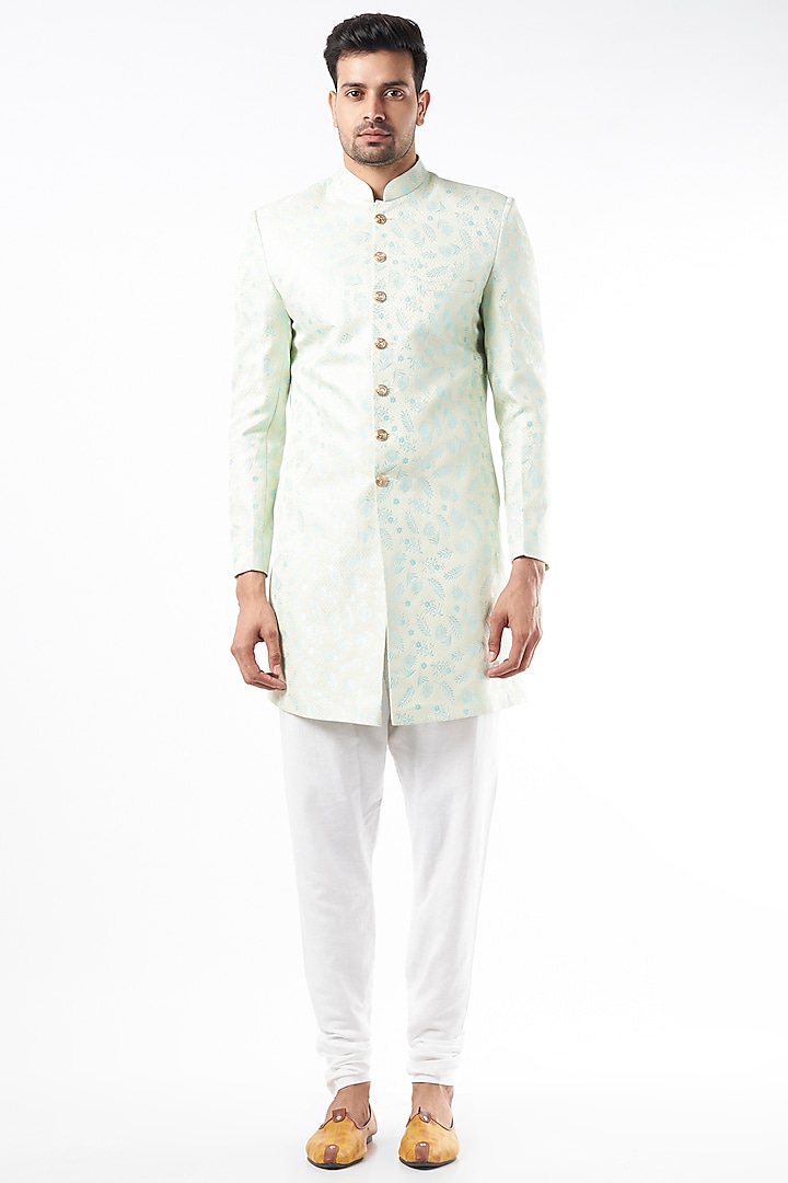 Cream Jacquard Sherwani With Ice Blue Embroidery by Spring Break Men