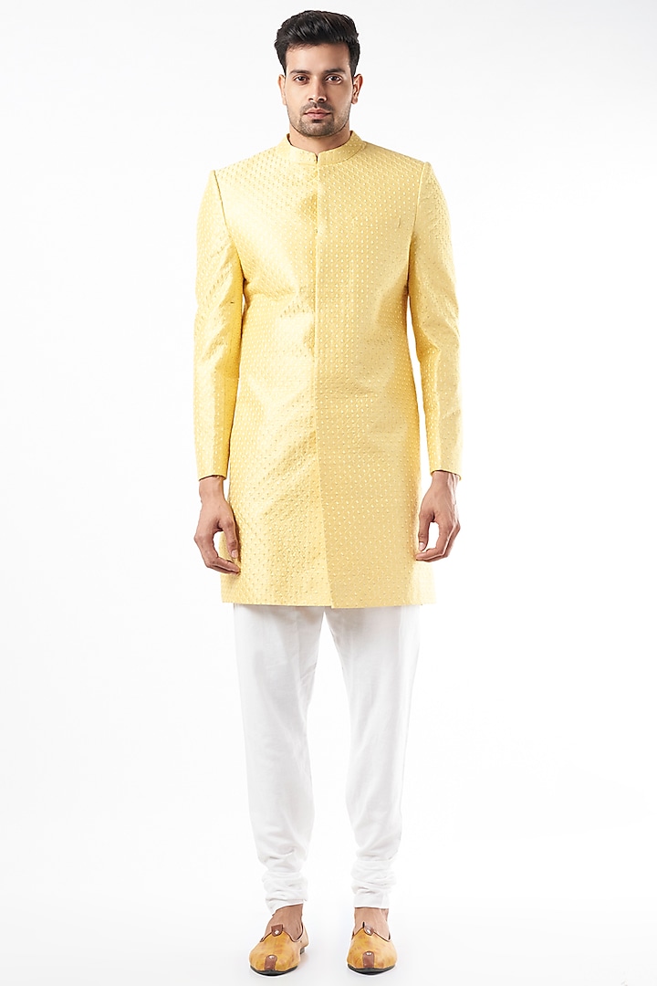 Yellow Embroidered Sherwani Set by Spring Break Men