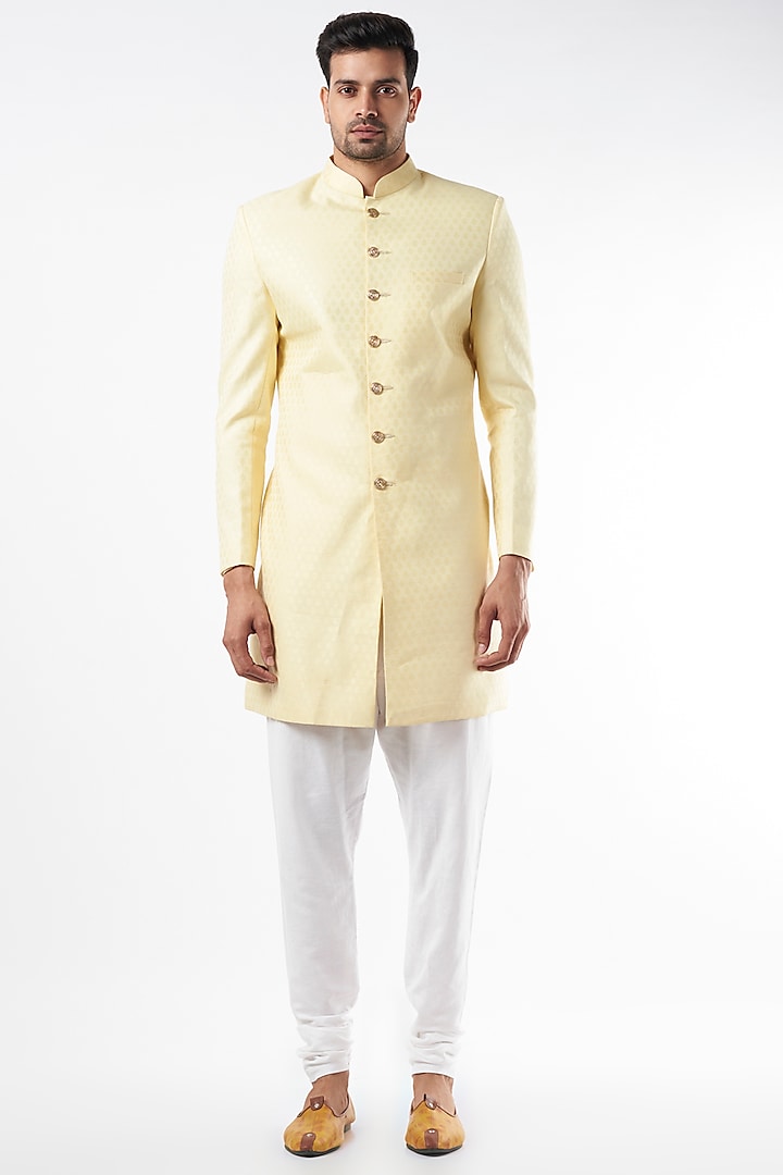 Yellow Embroidered Sherwani Set by Spring Break Men