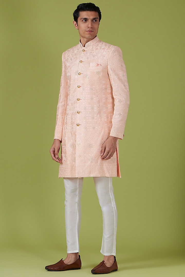Light Pink Cotton Polyester Embroidered Sherwani Set by Spring Break Men
