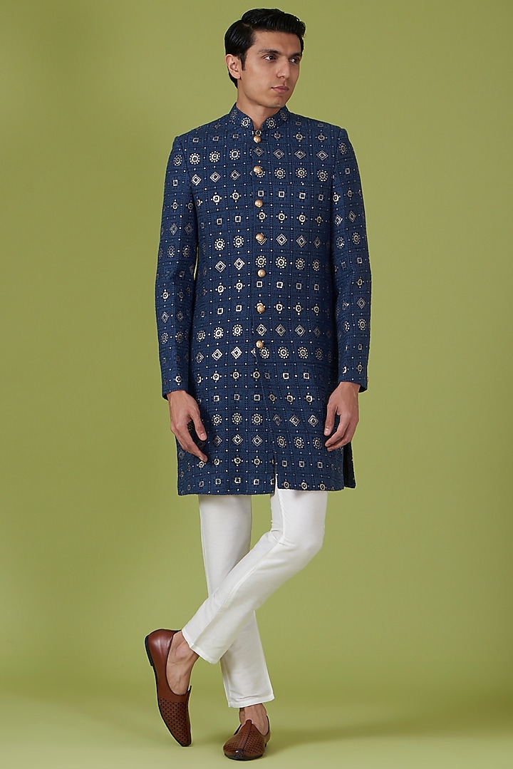 Navy Blue Cotton Polyester Embroidered Sherwani Set by Spring Break Men