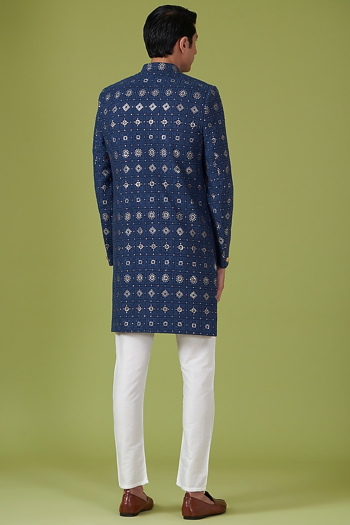 Navy Blue Cotton Polyester Chikankari Embroidered Wedding Sherwani Set by Spring Break Men at Pernia's Pop Up Shop