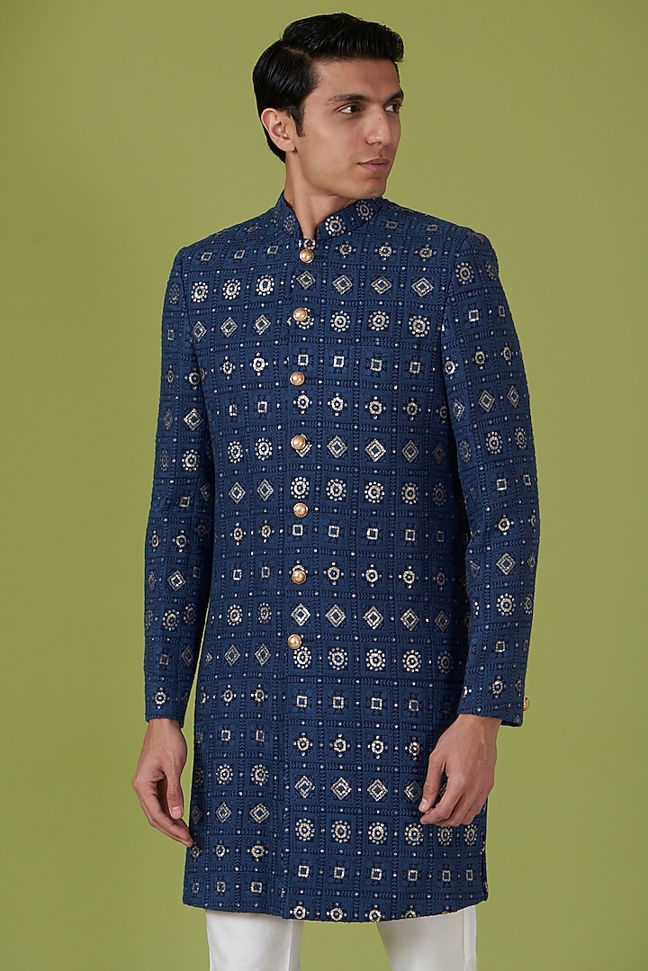 Navy Blue Cotton Polyester Chikankari Embroidered Wedding Sherwani Set by Spring Break Men at Pernia's Pop Up Shop