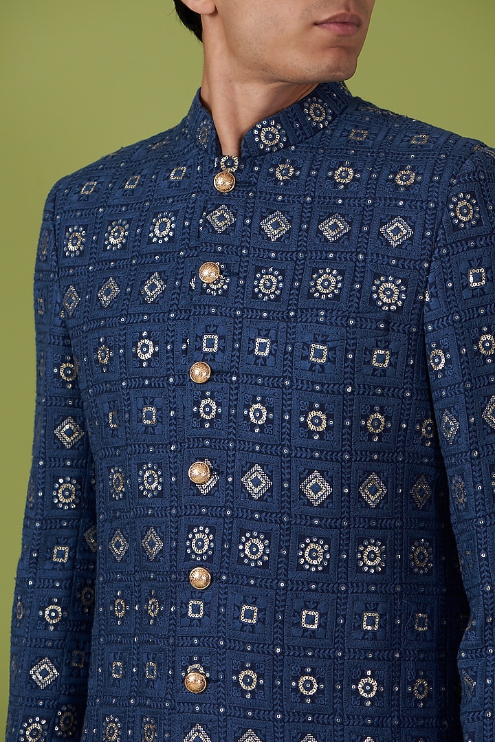 Navy Blue Cotton Polyester Chikankari Embroidered Wedding Sherwani Set by Spring Break Men at Pernia's Pop Up Shop