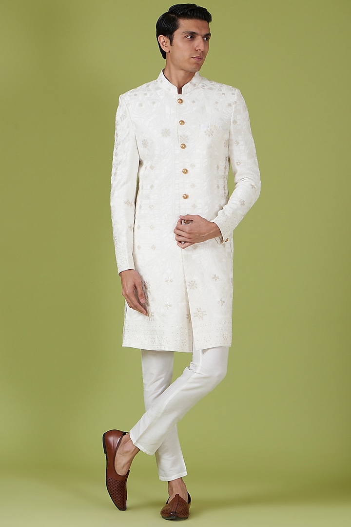 White Cotton Polyester Embroidered Sherwani Set by Spring Break Men