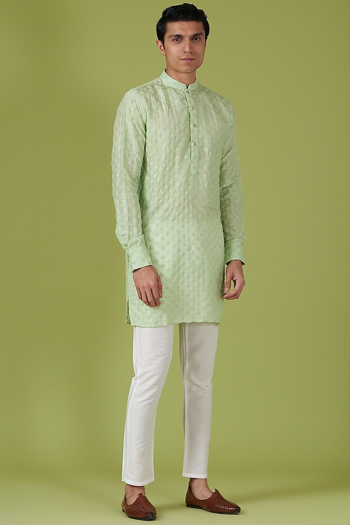 Mint Green Art Silk Embroidered Kurta Set by Spring Break Men at Pernia's Pop Up Shop