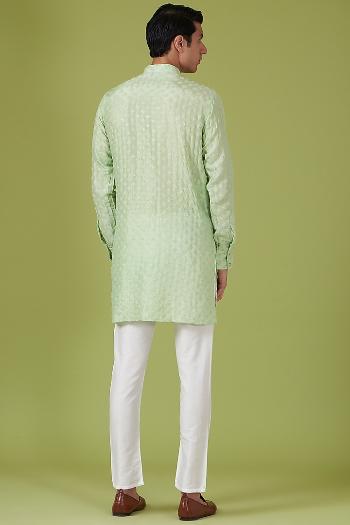 Mint Green Art Silk Applique Embroidered Kurta Set by Spring Break Men at Pernia's Pop Up Shop