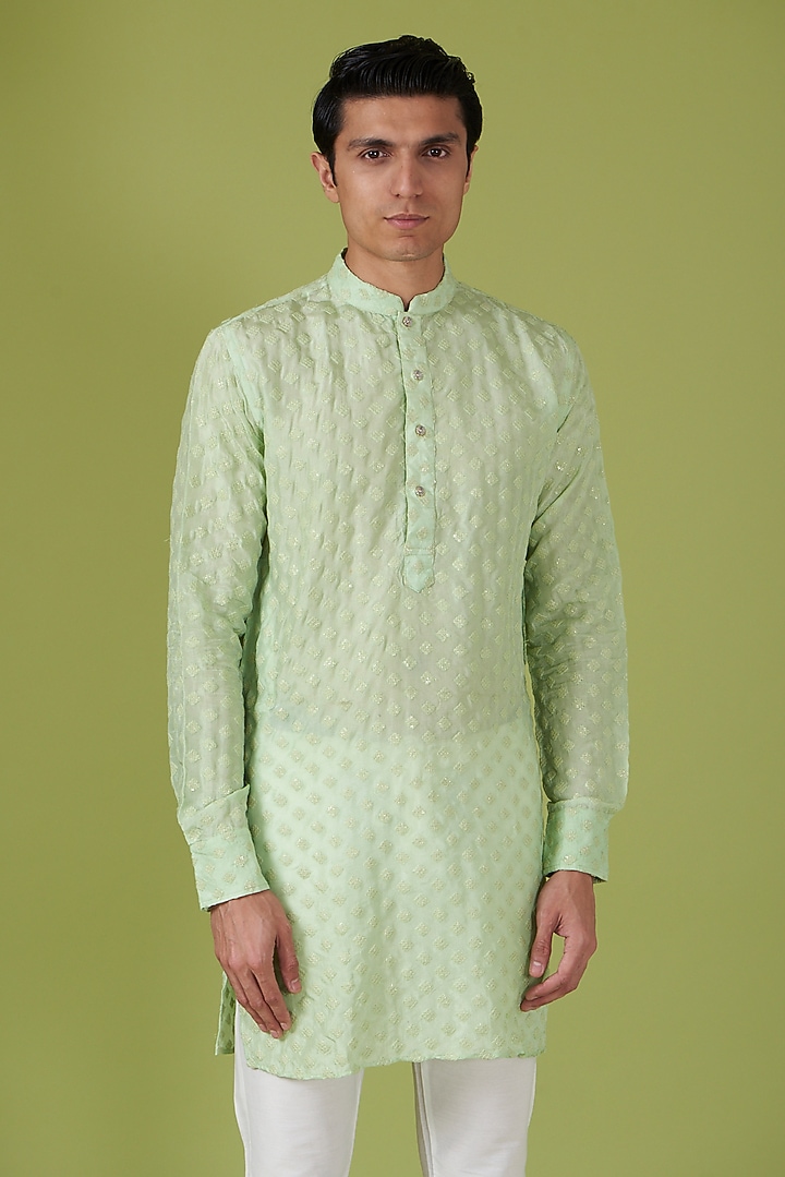 Mint Green Art Silk Applique Embroidered Kurta Set by Spring Break Men at Pernia's Pop Up Shop