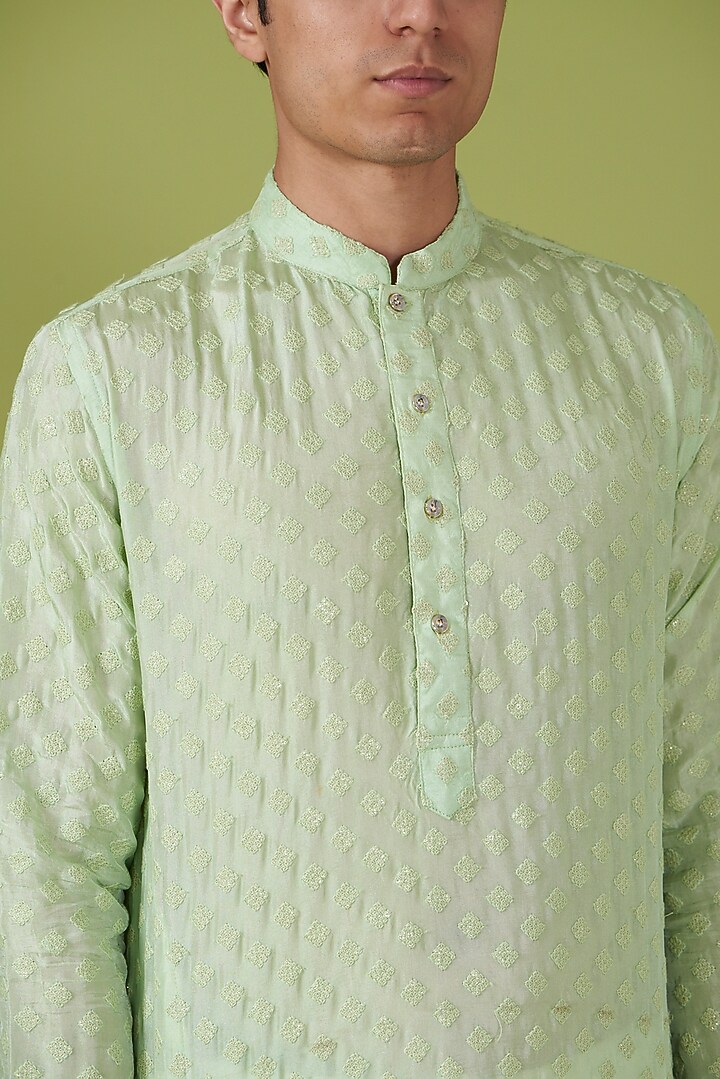 Mint Green Art Silk Applique Embroidered Kurta Set by Spring Break Men at Pernia's Pop Up Shop