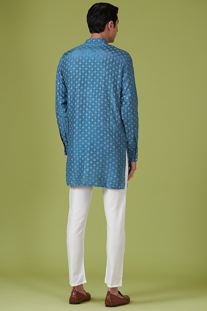 Blue Art Silk Applique Embroidered Kurta Set by Spring Break Men at Pernia's Pop Up Shop