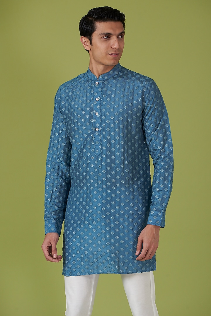 Blue Art Silk Applique Embroidered Kurta Set by Spring Break Men at Pernia's Pop Up Shop