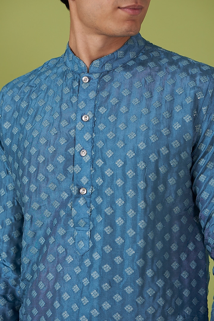 Blue Art Silk Applique Embroidered Kurta Set by Spring Break Men at Pernia's Pop Up Shop