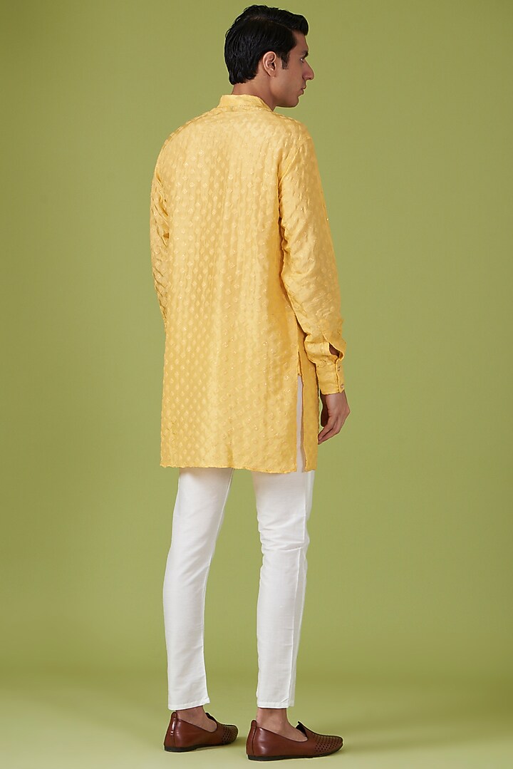 Yellow Art Silk Applique Embroidered Kurta Set by Spring Break Men at Pernia's Pop Up Shop