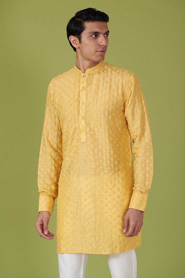 Yellow Art Silk Applique Embroidered Kurta Set by Spring Break Men at Pernia's Pop Up Shop