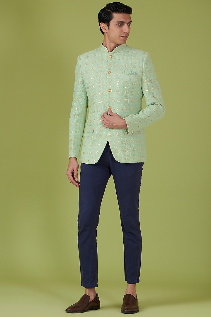 Mint Green Fabric Embroidered Jodhpuri Jacket by Spring Break Men