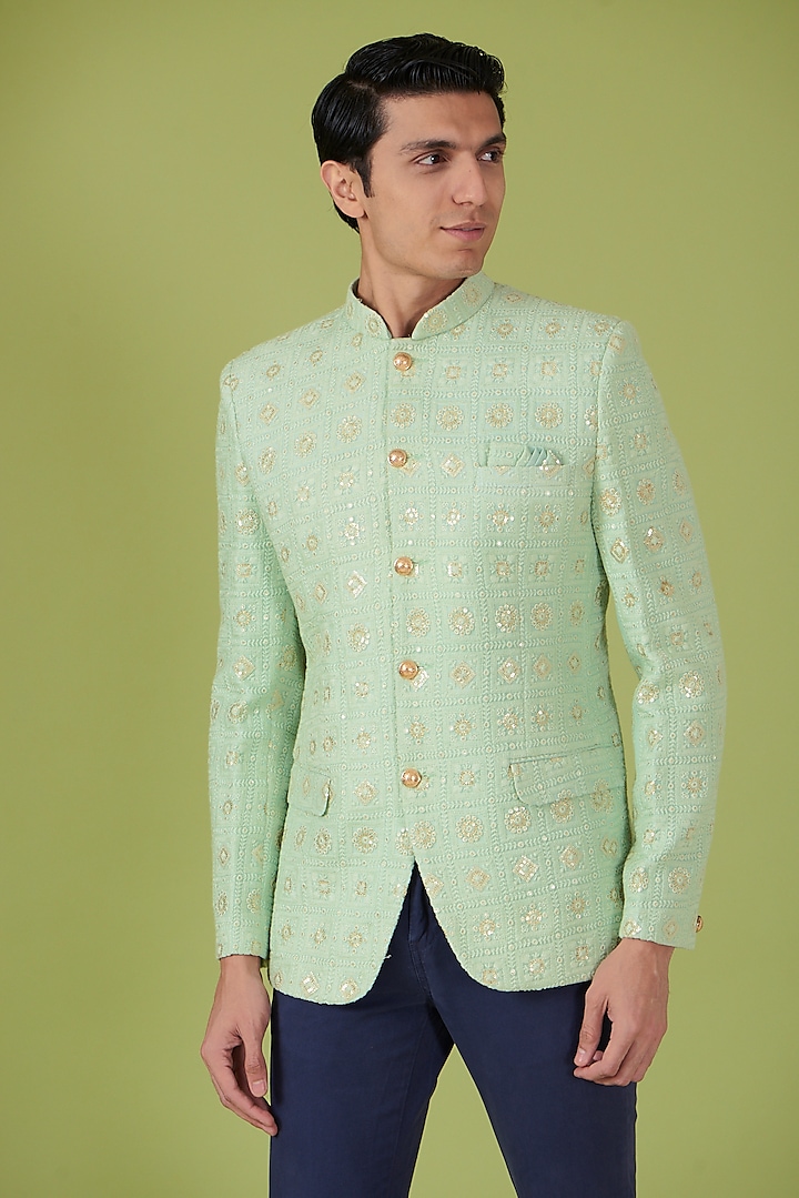 Mint Green Fabric Chikankari Embroidered Jodhpuri Jacket by Spring Break Men at Pernia's Pop Up Shop