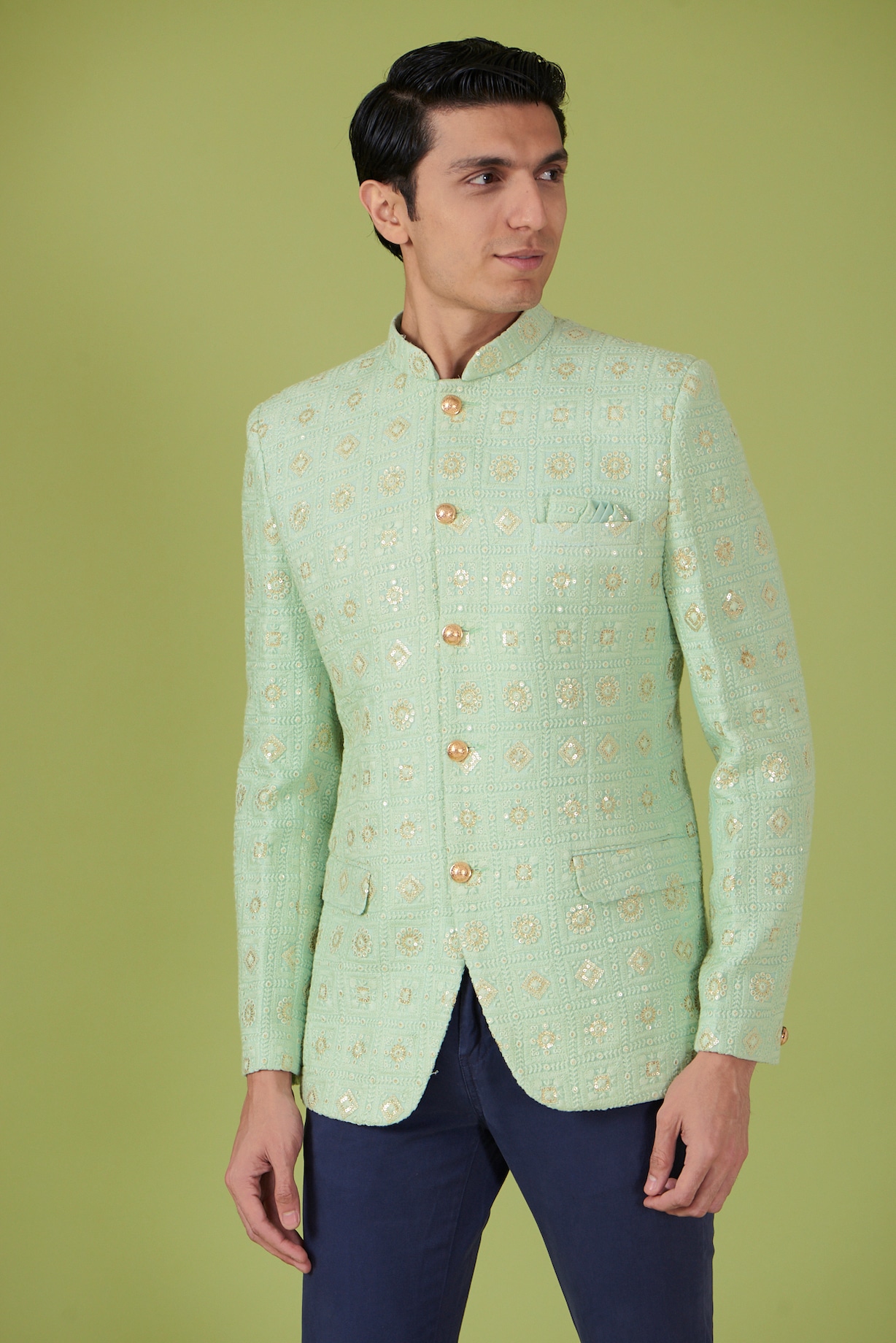 Mint Green Fabric Embroidered Jodhpuri Jacket Design by Spring Break at ...