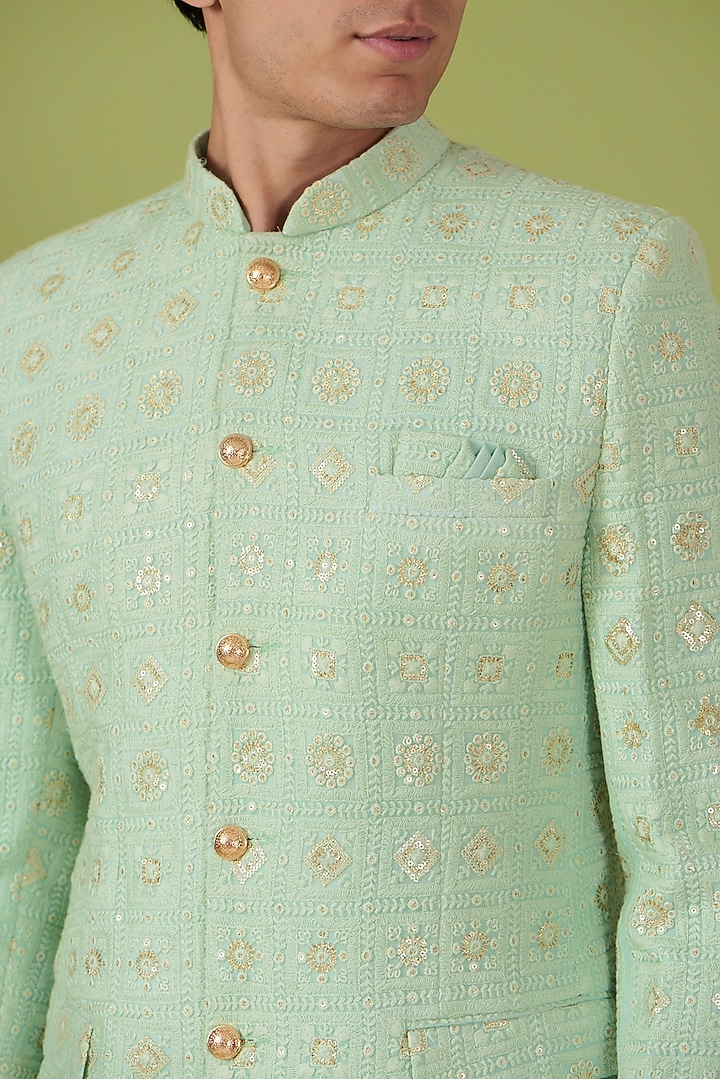 Mint Green Fabric Chikankari Embroidered Jodhpuri Jacket by Spring Break Men at Pernia's Pop Up Shop