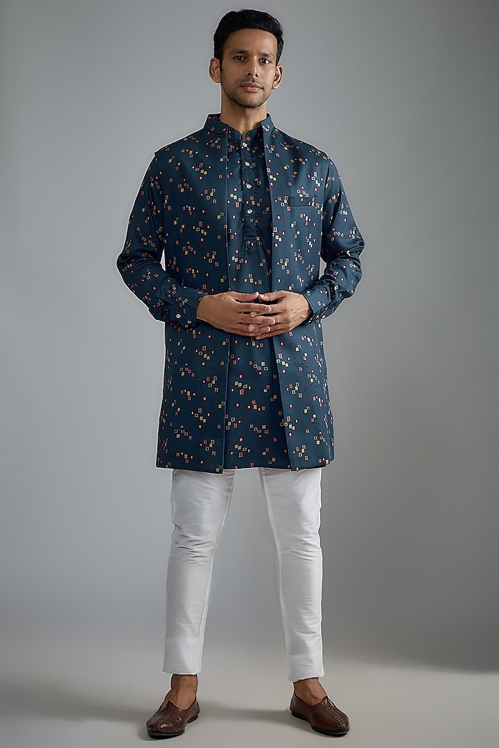 Blue Cotton Digital Printed Indowestern Set by Spring Break Men