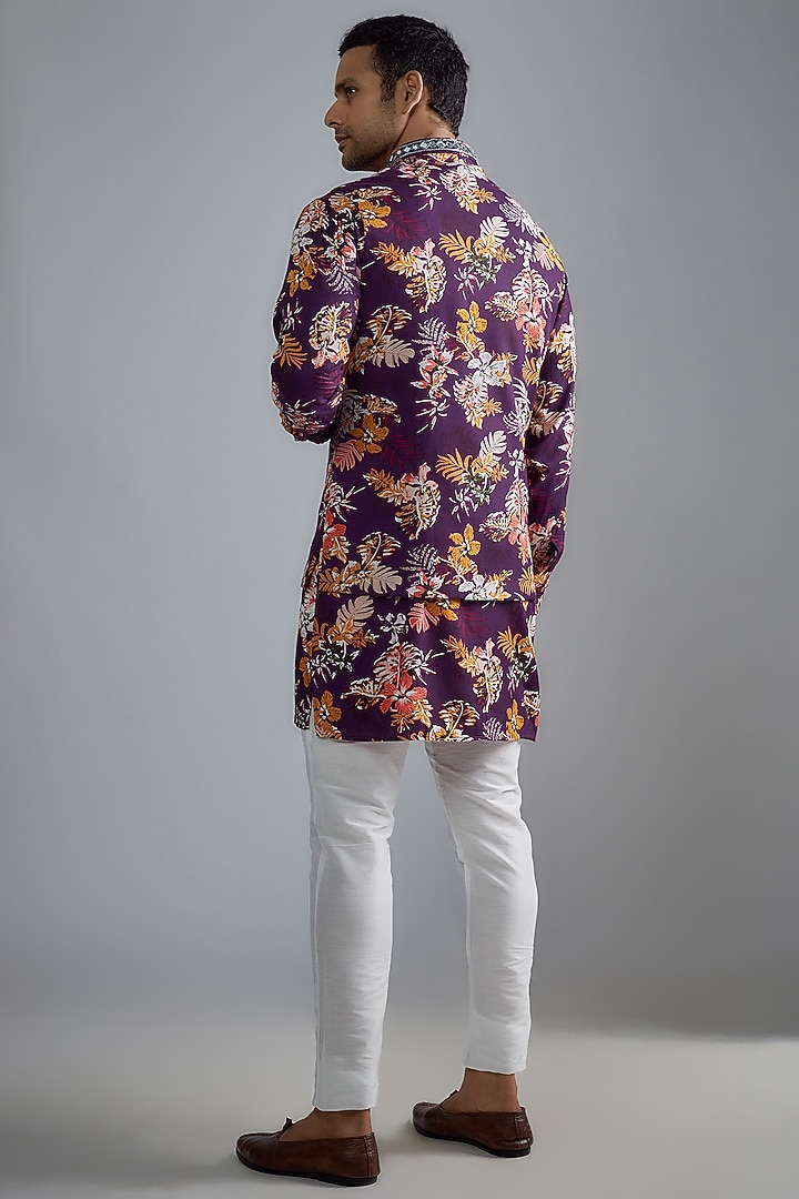 Purple Cotton Floral Printed & Embroidered Bundi Set by Spring Break Men at Pernia's Pop Up Shop