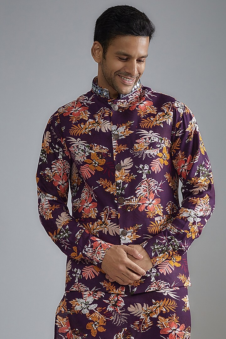 Purple Cotton Floral Printed & Embroidered Bundi Set by Spring Break Men at Pernia's Pop Up Shop