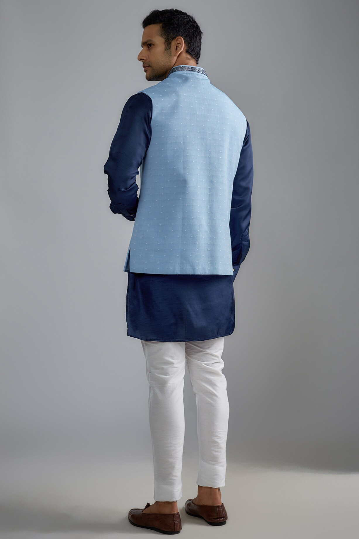 Sky Blue Textured Cotton Embroidered Bundi Set by Spring Break Men
