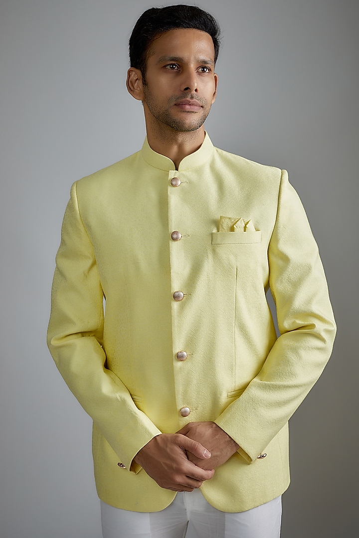 Light Yellow Jacquard Bandhgala Jacket by Spring Break Men