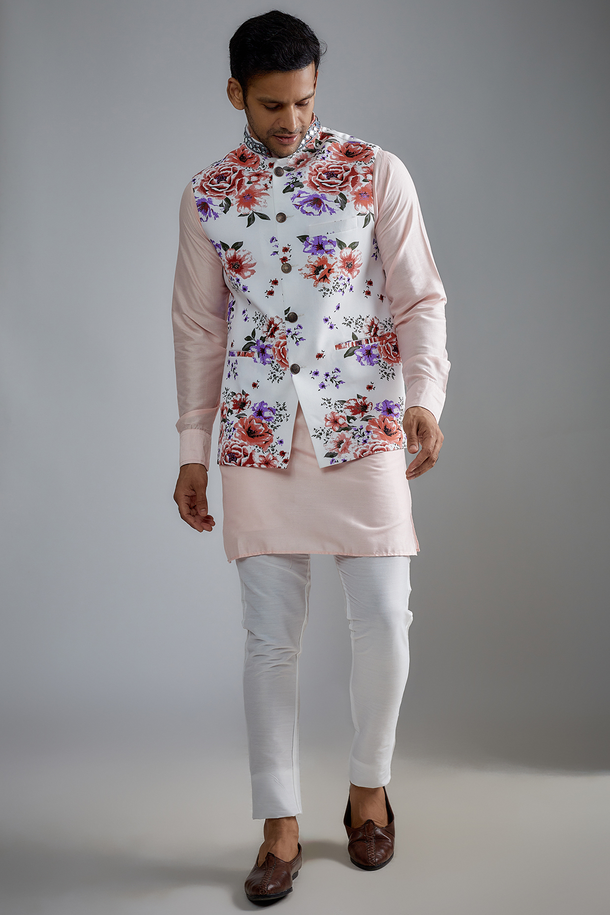 White Cotton Floral Printed Bundi Set by Spring Break Men
