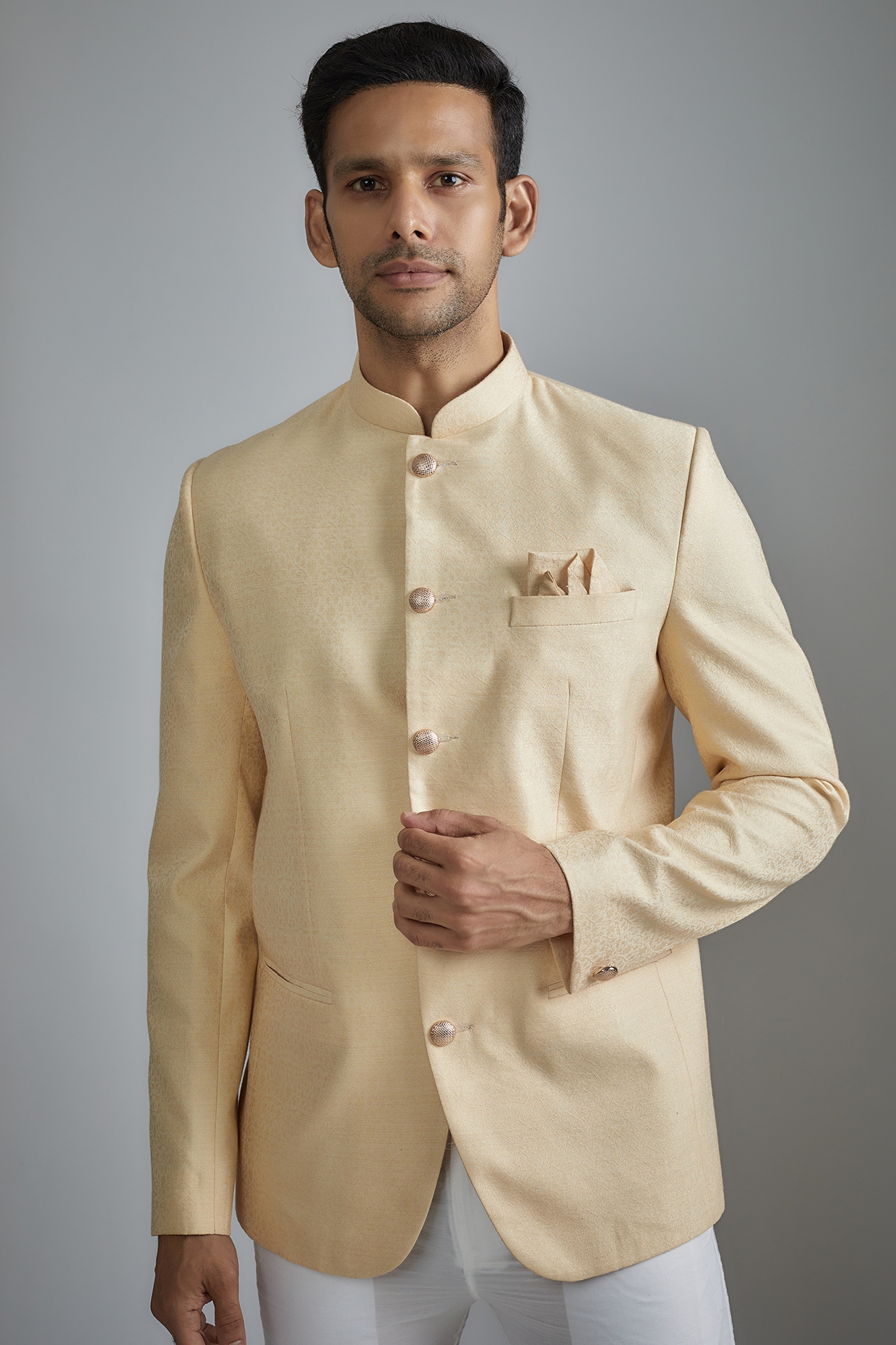 Cream Readymade Mens Art Silk Bandhgala Jodhpuri Jacket 1089MW01
