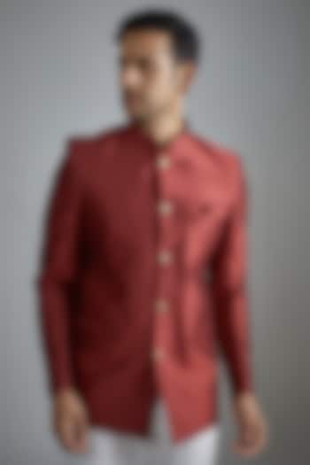 Maroon Jacquard Bandhgala Jacket by Spring Break
