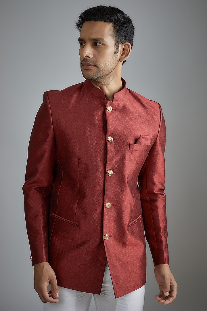 Maroon Jacquard Bandhgala Jacket by Spring Break Men