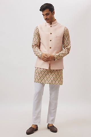 Peach Cotton Silk Bundi Jacket Set by Spring Break Men