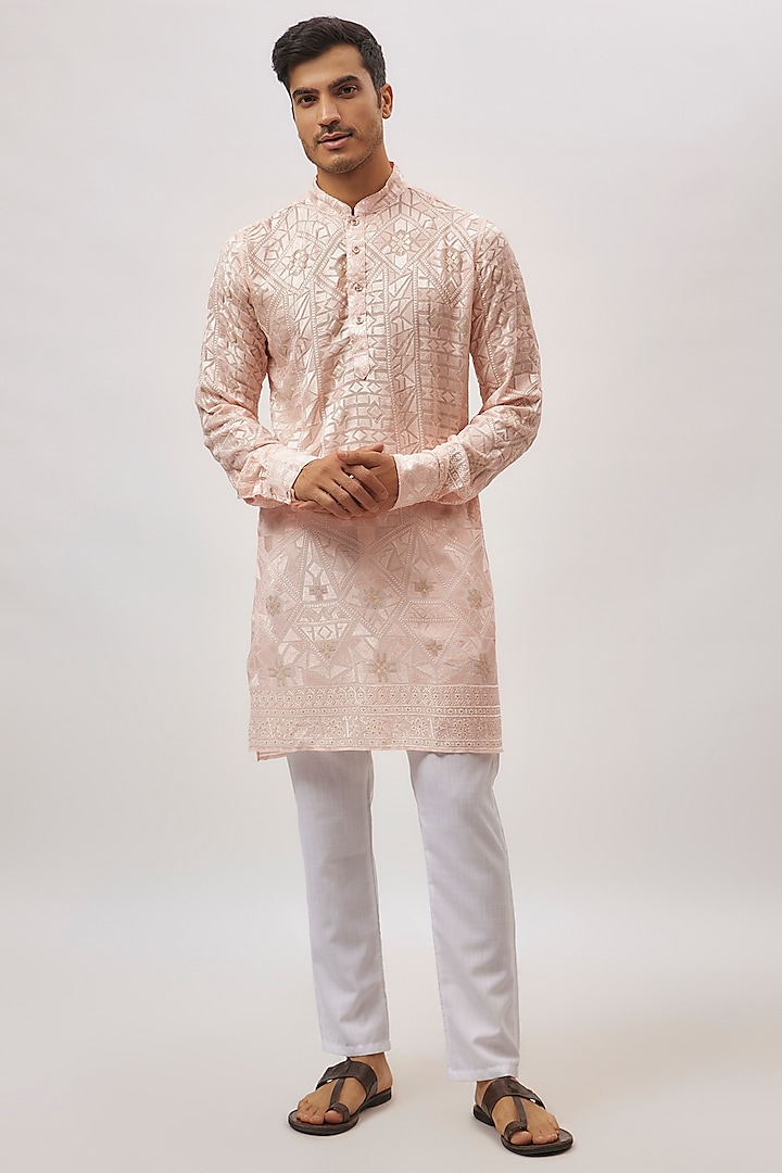 Blush Pink Viscose Lucknowi Embroidered Kurta Set by Spring Break Men