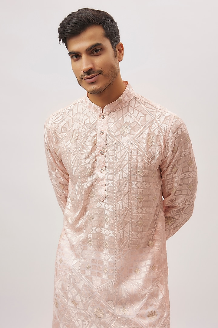 Blush Pink Viscose Lucknowi Embroidered Kurta Set by Spring Break Men at Pernia's Pop Up Shop