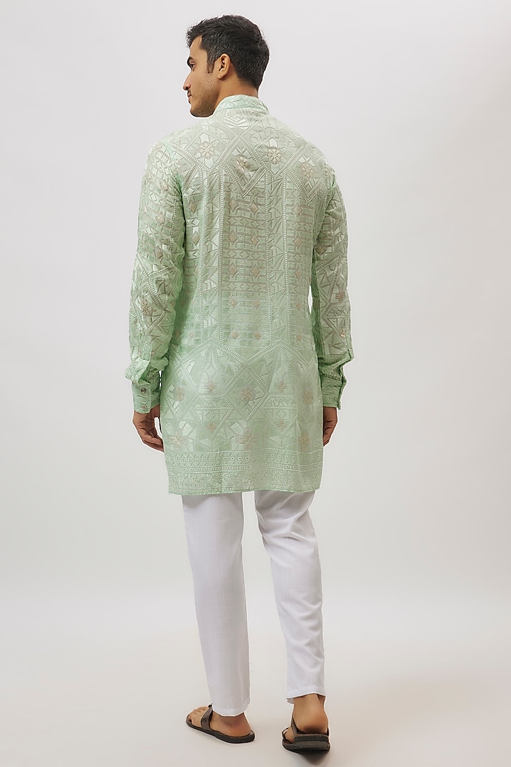 Mint Green Viscose Lucknowi Embroidered Kurta Set by Spring Break Men at Pernia's Pop Up Shop