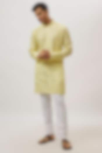 Yellow Viscose Lucknowi Embroidered Kurta Set by Spring Break Men