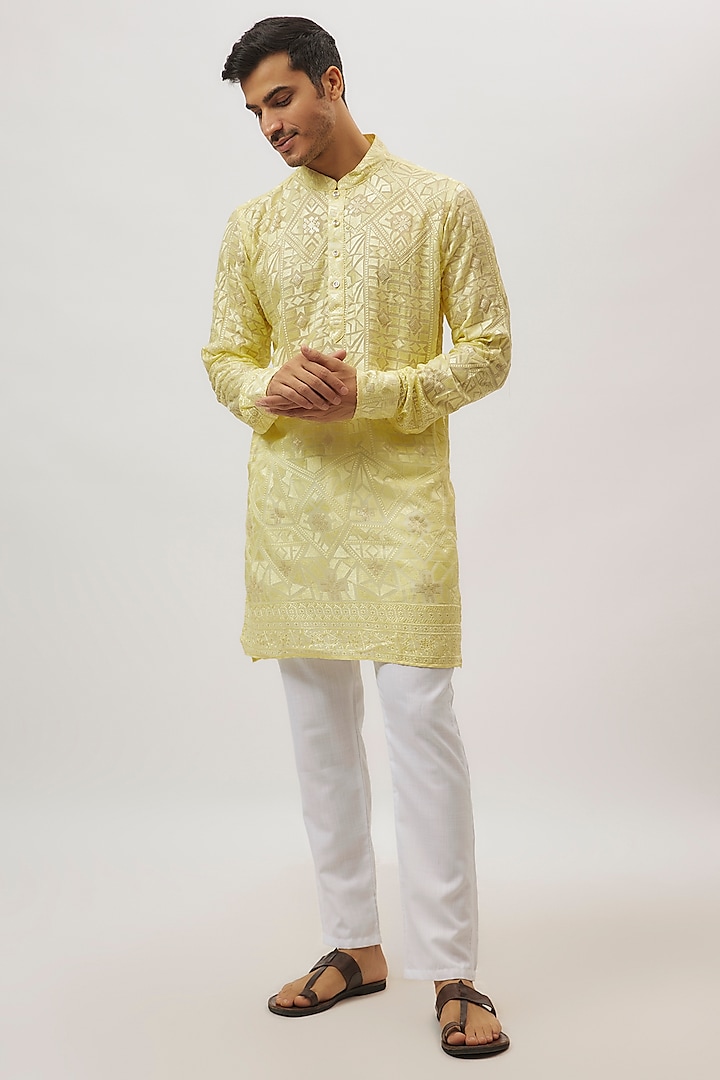 Yellow Viscose Lucknowi Embroidered Kurta Set by Spring Break Men