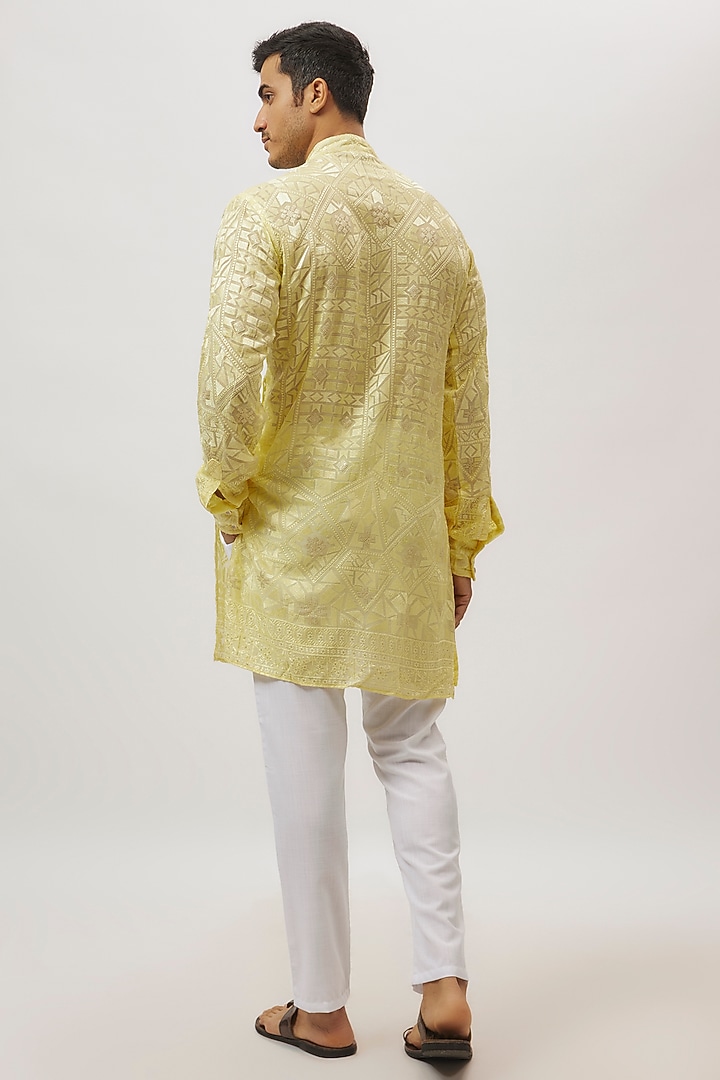 Yellow Viscose Lucknowi Embroidered Kurta Set by Spring Break Men at Pernia's Pop Up Shop